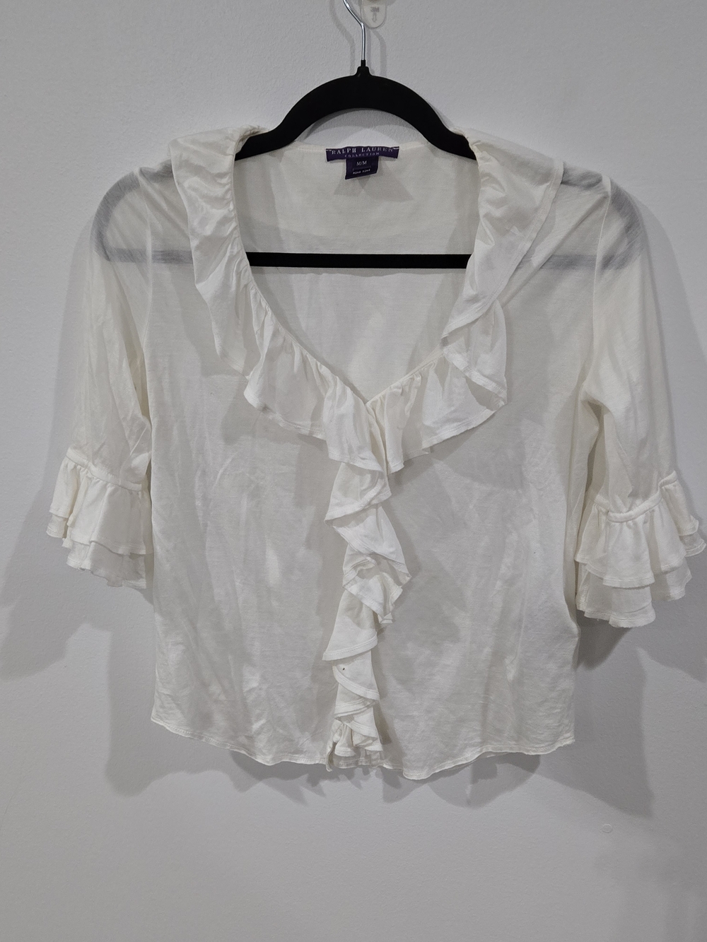 Ralph Lauren Sz Med White Ruffled V-Neck Women's Top